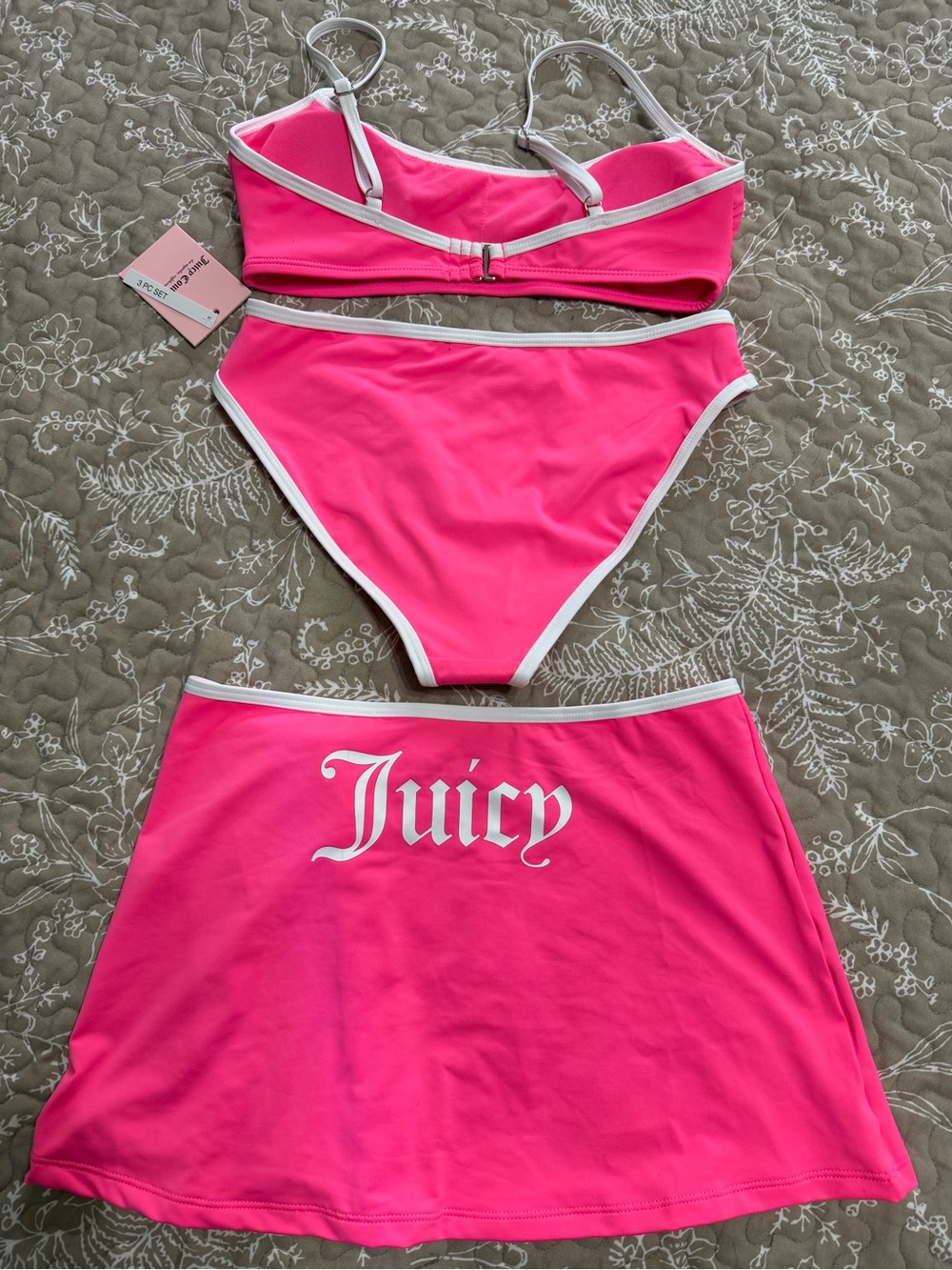 NWT Juicy Couture Bright Pink Swim Set with White Trim and Skirt - Picture 2 of 7